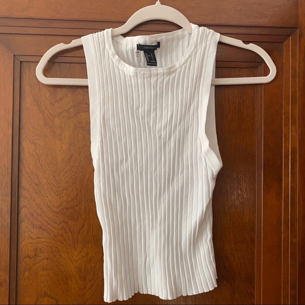 Ribbed Crew Neck White Tank